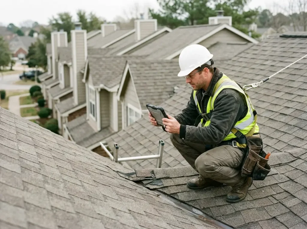 Roofer documenting roof conditions on attached townhomes during an HOA roof assessment