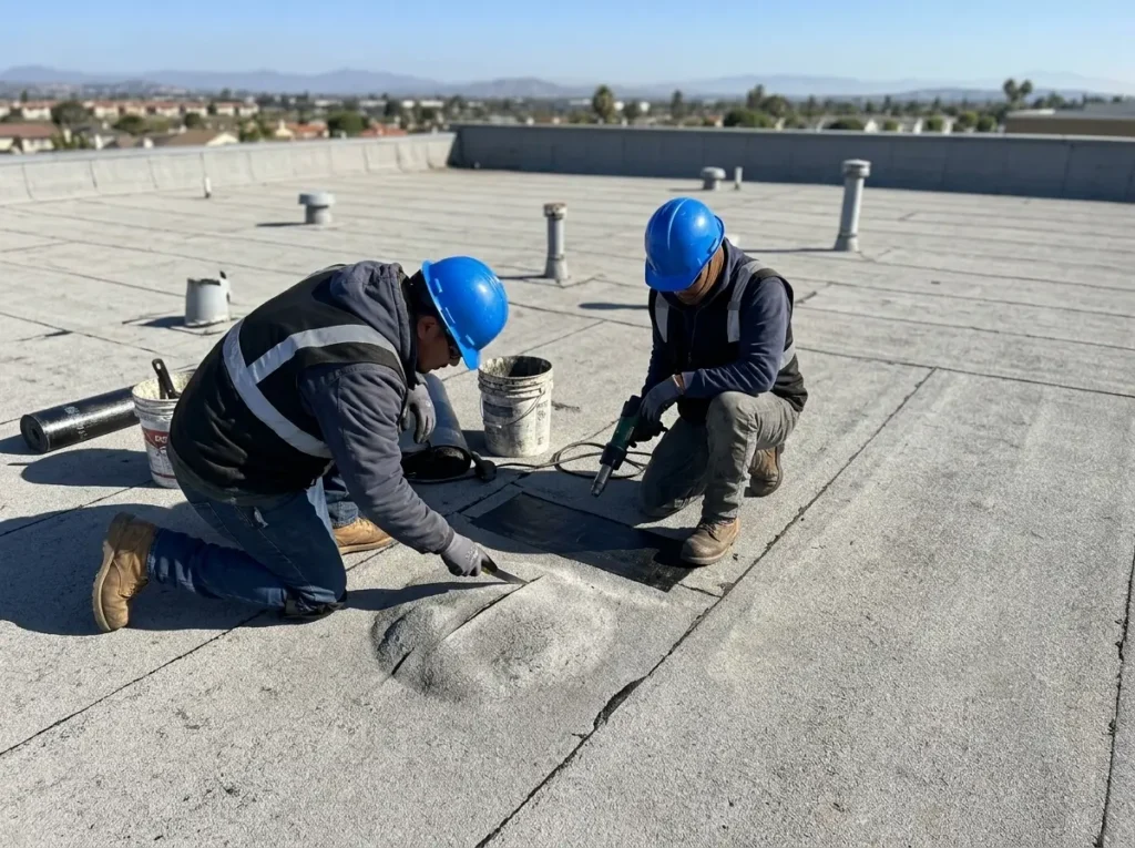 Crew repairing a blister on a modified bitumen roof