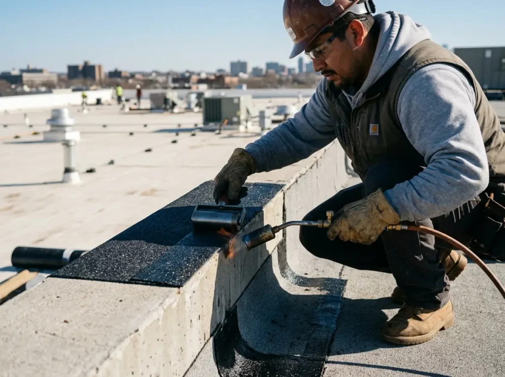 Roofer installing modified bitumen flashing along a parapet wall on a commercial roof