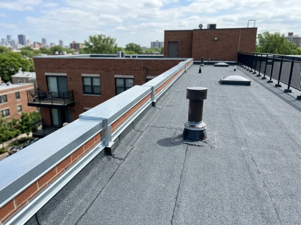 Finished modified bitumen roof with new flashing on an apartment building