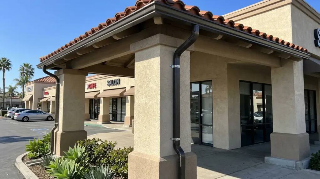 New gutters and downspouts on a retail center in Orange County after installation