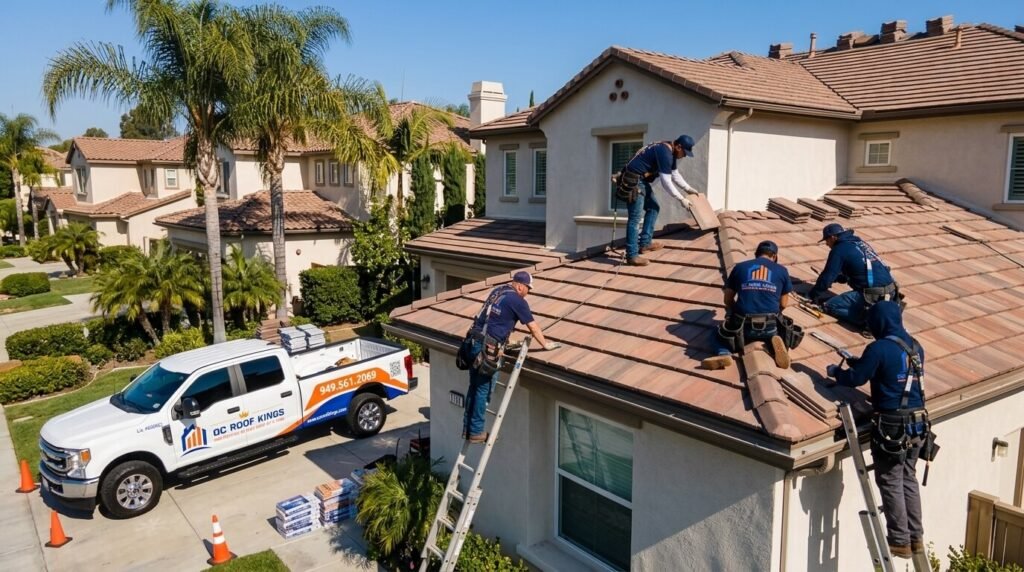 OC Roof Kings crew finishing a roof replacement on an Orange County home
