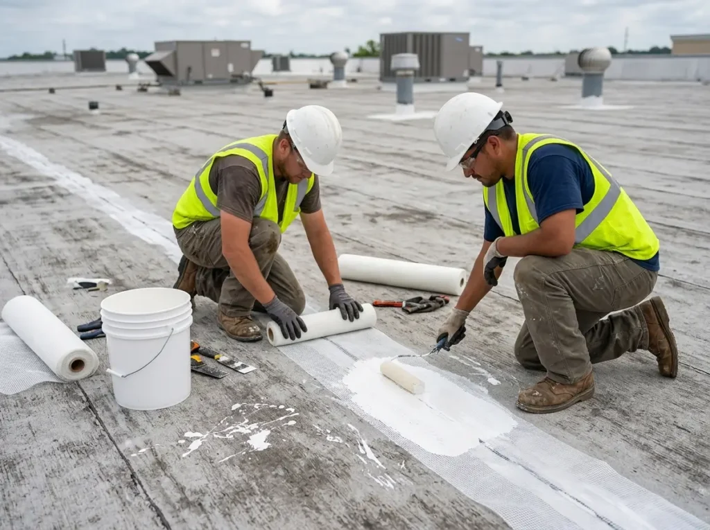Crew reinforcing a roof seam with fabric and coating before the main silicone coat