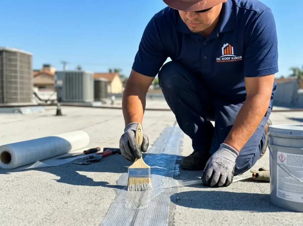 Roofer reinforcing a roof seam with fabric for roof waterproofing