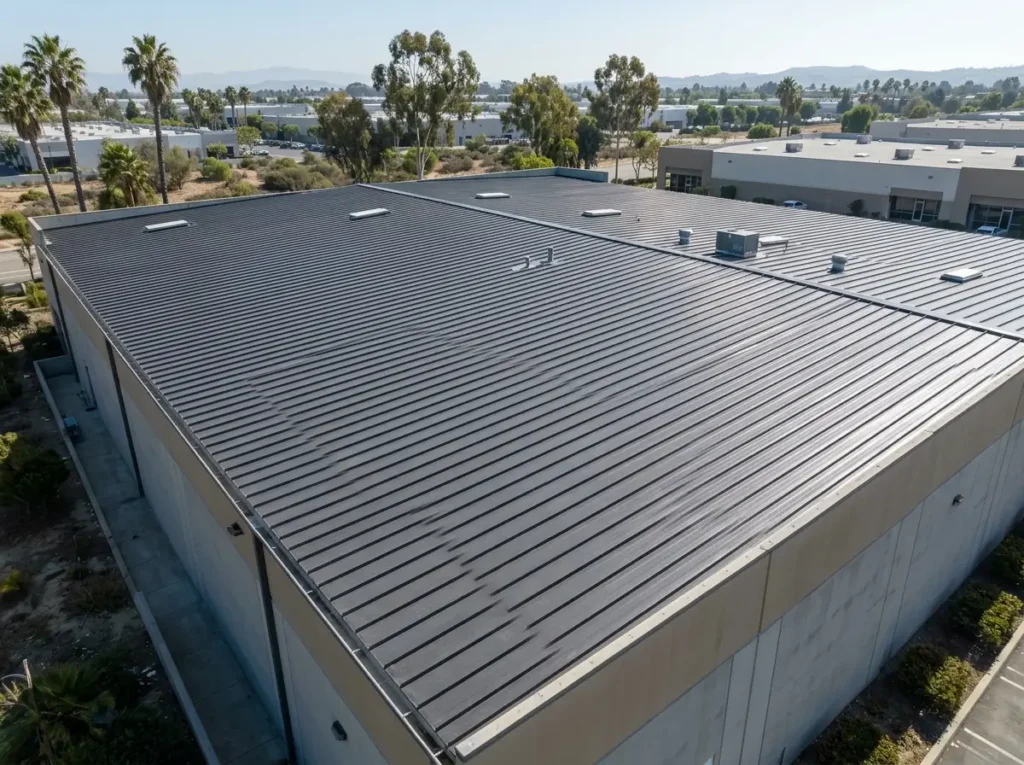 Standing seam metal roof with raised seams running across an Orange County warehouse