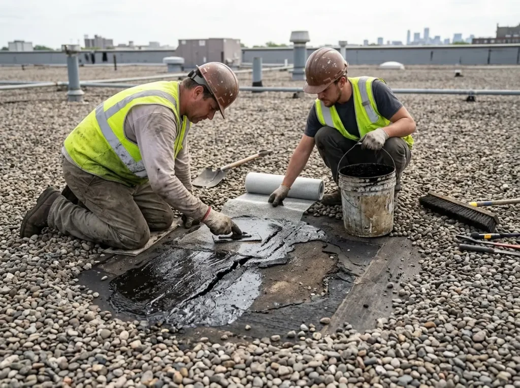 Crew repairing a split on a tar and gravel roof