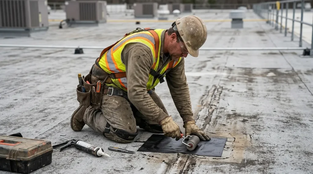Roofer sealing a temporary patch over an open seam on a warehouse roof