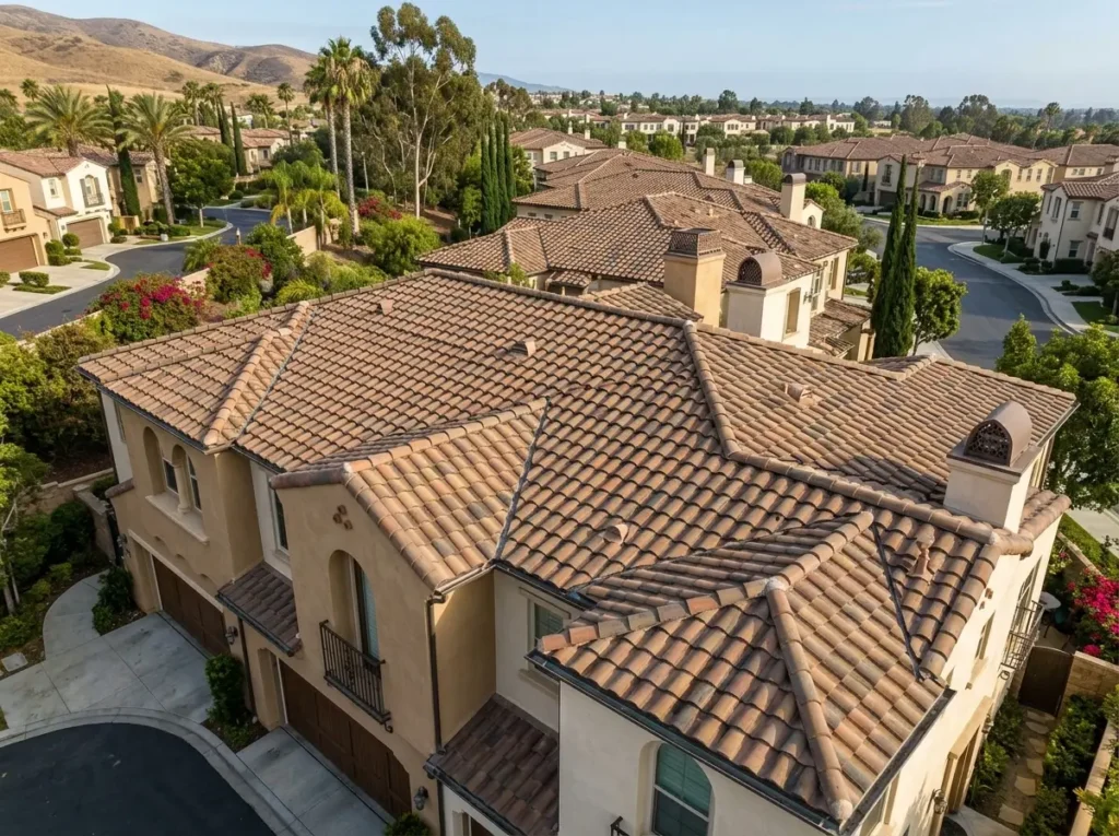 Concrete tile roofs on attached homes in a planned community in Orange County